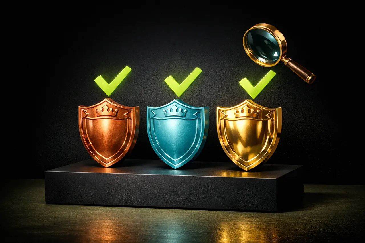 Drei metallische Lizenz-Verifikations-Schilde nebeneinander, Curaçao in Kupfer, Anjouan in Cyan und Malta MGA in Gold, mit lime Häkchen und schwebender Goldlupe, Illustration Newcomer-Lizenzprüfung