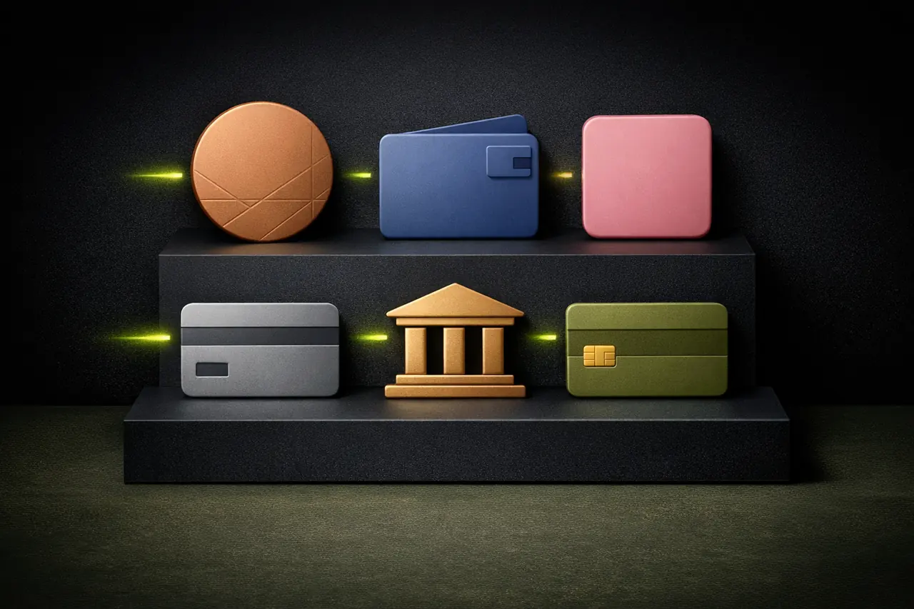 Sechs Zahlungsmethoden-Icons in Museum-Grid-Anordnung mit Krypto in Kupfer, E-Wallet in Blau, Klarna in Rosa, Kreditkarte in Silber, Bank in Gold und Prepaid in Oliv, Lime Geschwindigkeitsindikatoren
